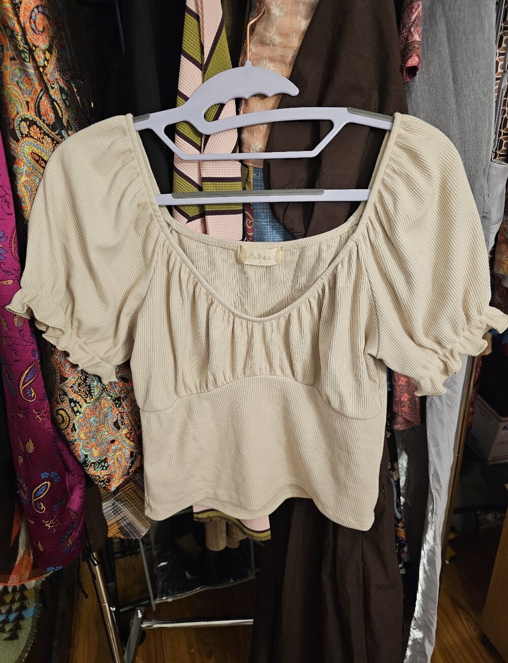 Altar'd State Cream Ribbed Puff Sleeve Crop Top